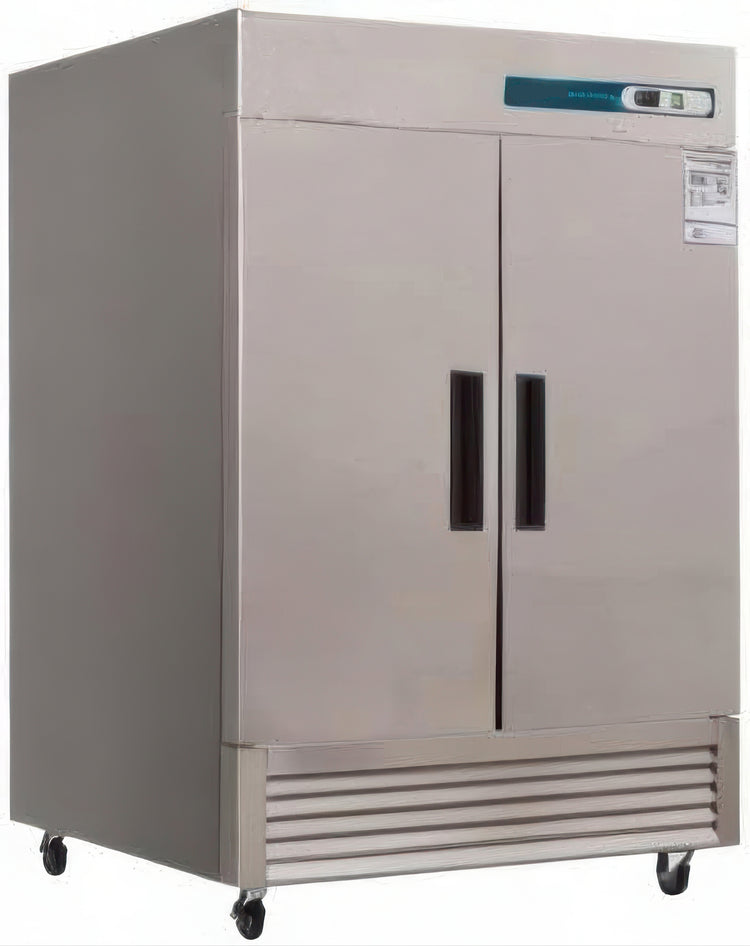 Stainless steel commercial freezer with digital display on a white background