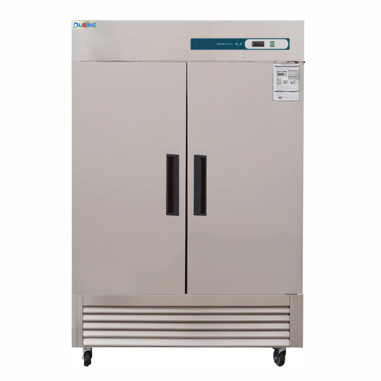 Commercial refrigerator with dual doors on a white background