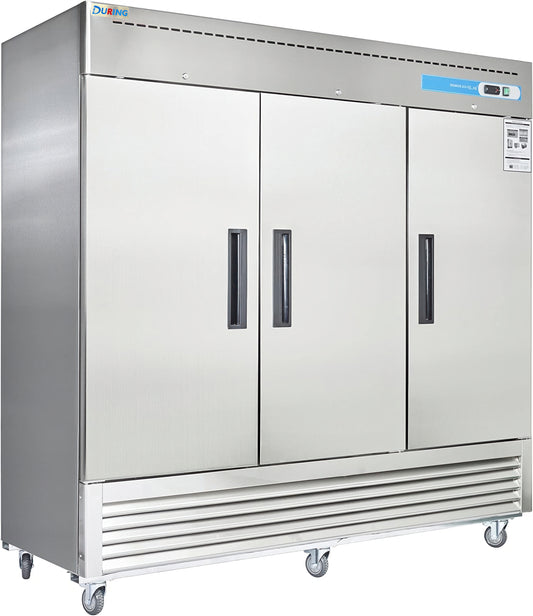 Stainless steel commercial refrigerator with three doors on a white background
