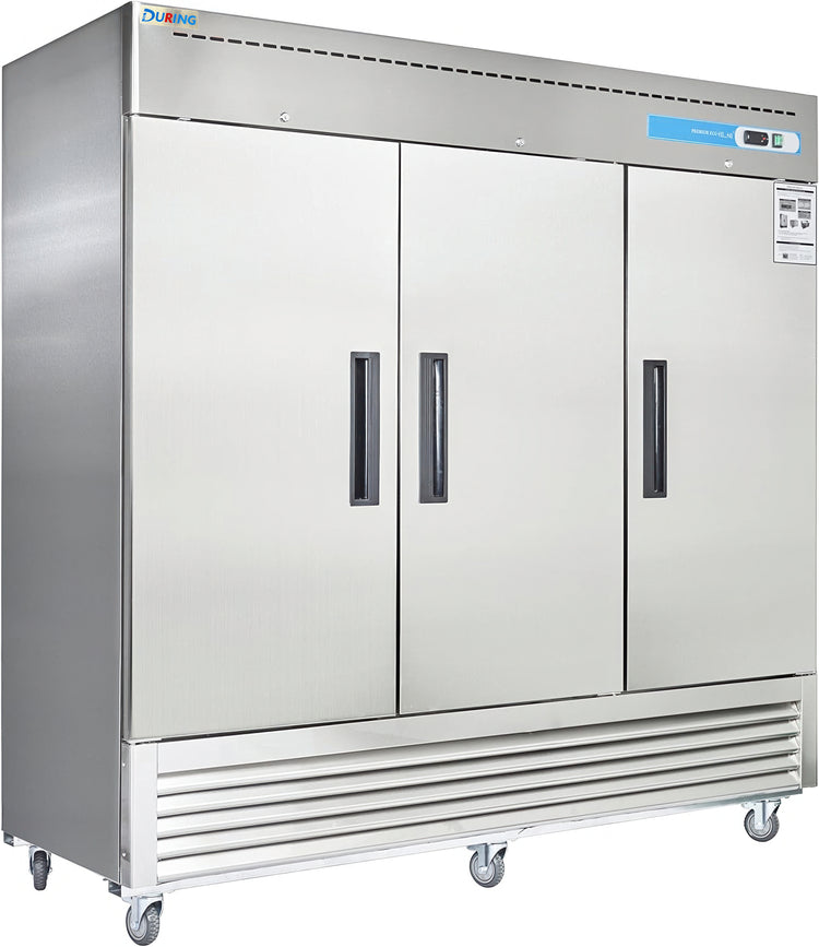 Stainless steel commercial refrigerator with three doors on a white background