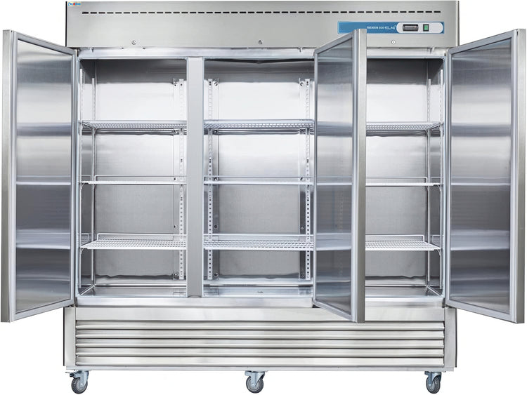 Large industrial refrigerator with open doors on a white background