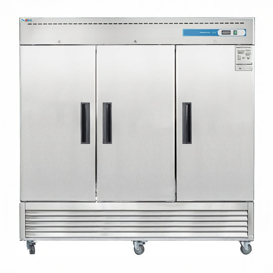 Stainless steel commercial refrigerator with three doors on a white background