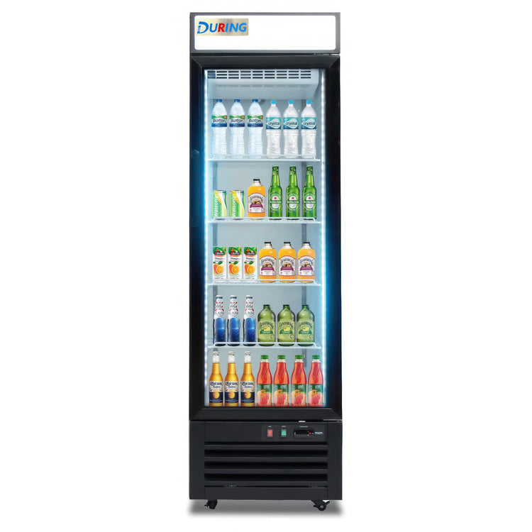 Black refrigerator with glass door displaying various bottles on a white background