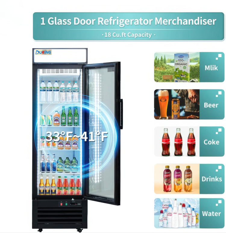 Glass door refrigerator merchandiser with product categories displayed on a white background