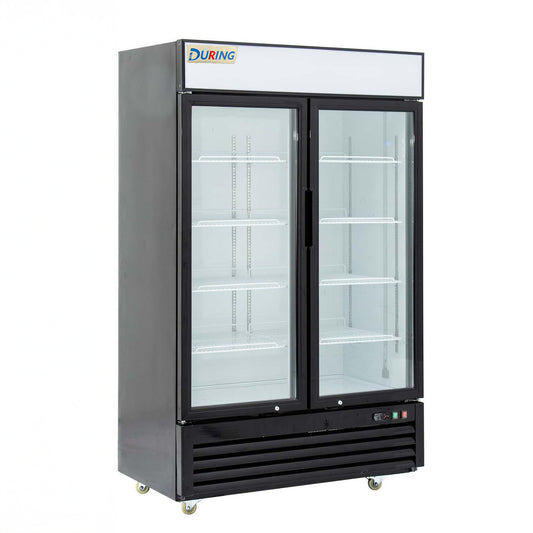 Two-door commercial freezer with During logo on a white background