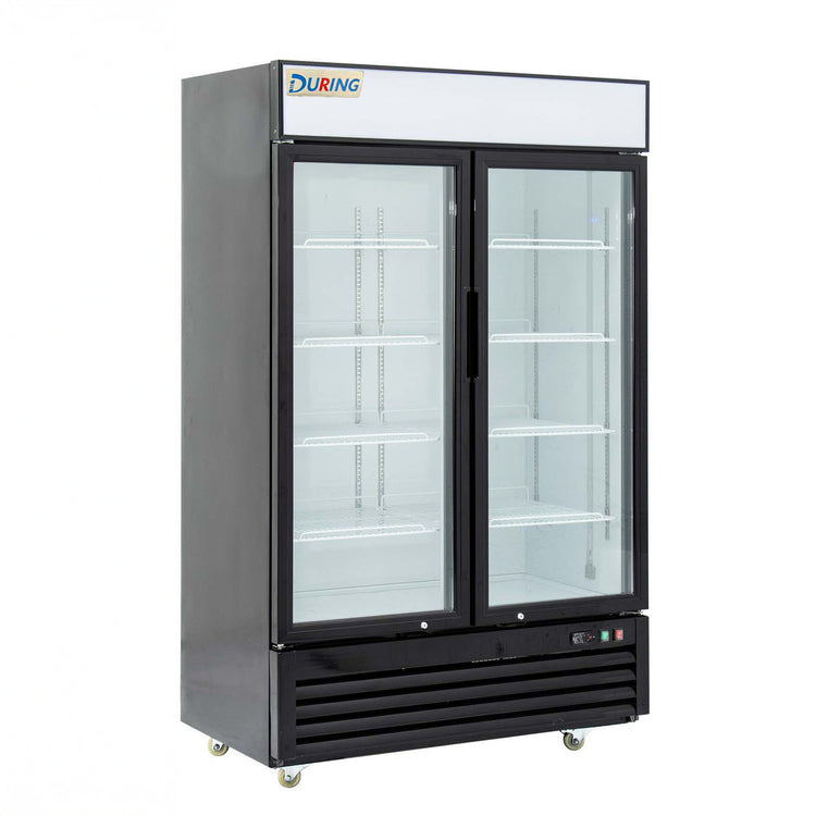 Two-door commercial freezer with During logo on a white background