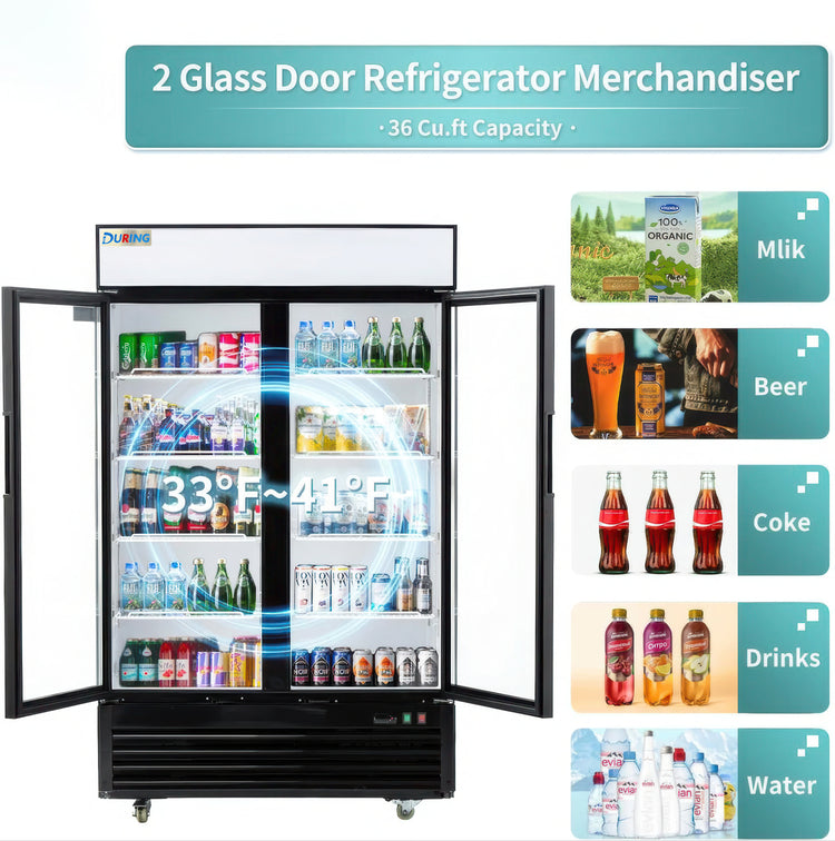 Two glass door refrigerator merchandiser with product categories displayed on a blue background