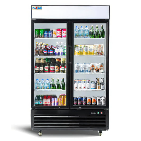 Black refrigerator with glass doors displaying various drinks on a white background