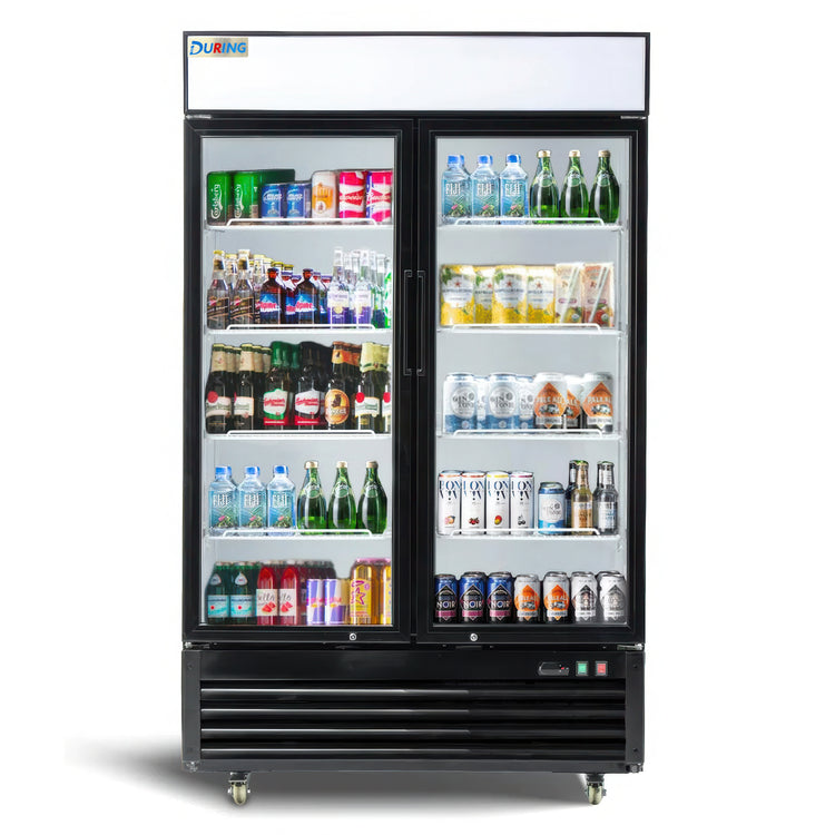 Black refrigerator with glass doors displaying various drinks on a white background
