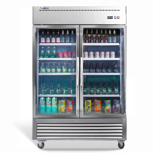 Commercial refrigerator stocked with various drinks on a white background