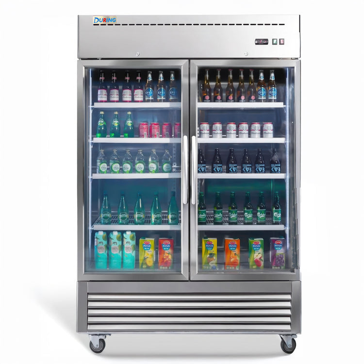 Commercial refrigerator stocked with various drinks on a white background