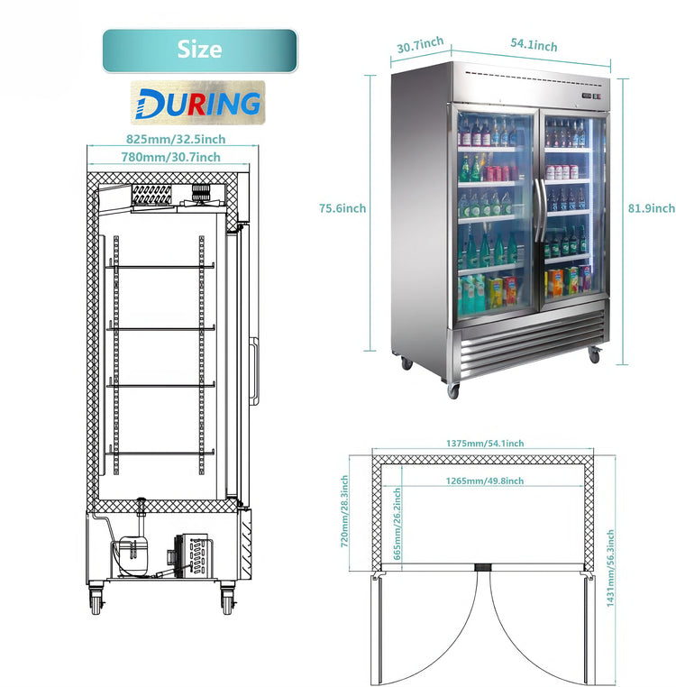 Measurement chart of a commercial refrigerator with dimensions labeled, featuring the brand 'DURING'.
