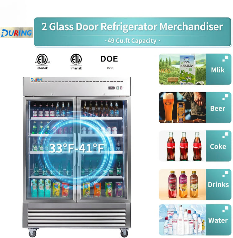 2 glass door refrigerator merchandiser with product categories displayed on a white background