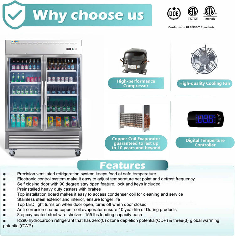 Refrigerator with features highlighted, including compressor, cooling fan, digital temperature controller, and more.