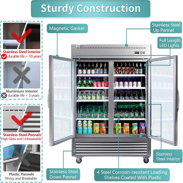 Stainless steel refrigerator with features highlighted, including magnetic gasket, stainless steel interior, and full-length LED lights.