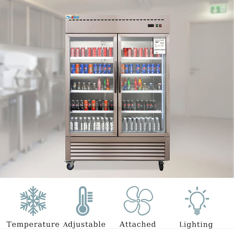Commercial refrigerator with drinks inside in a kitchen setting