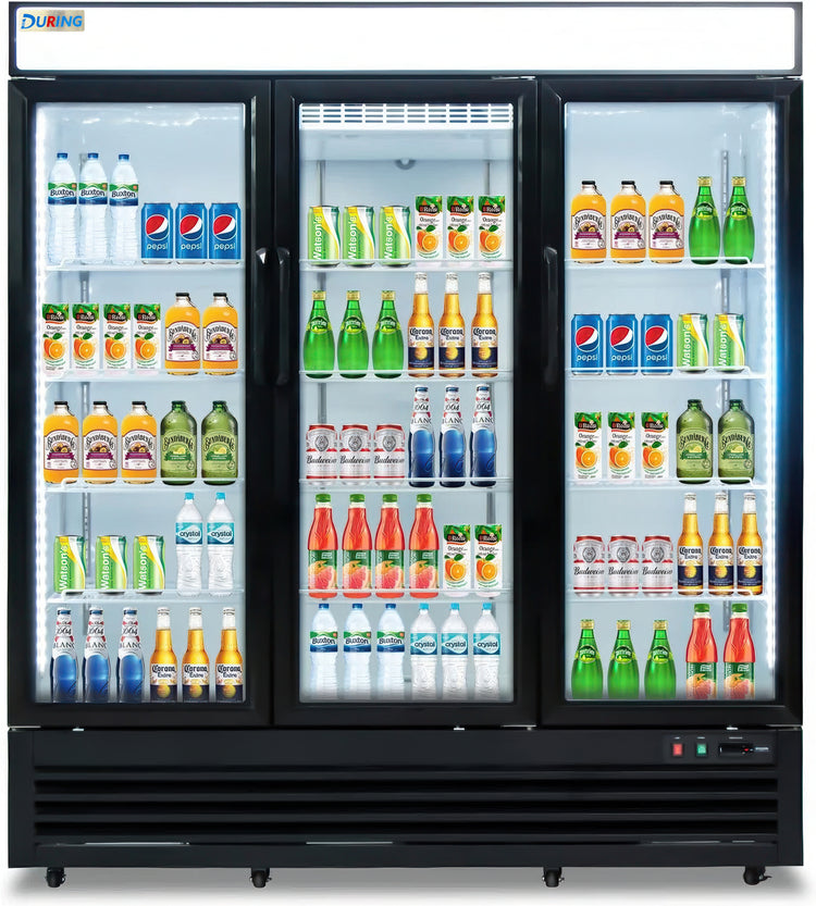Three-door commercial refrigerator filled with various bottles and drinks, featuring the Durine brand.