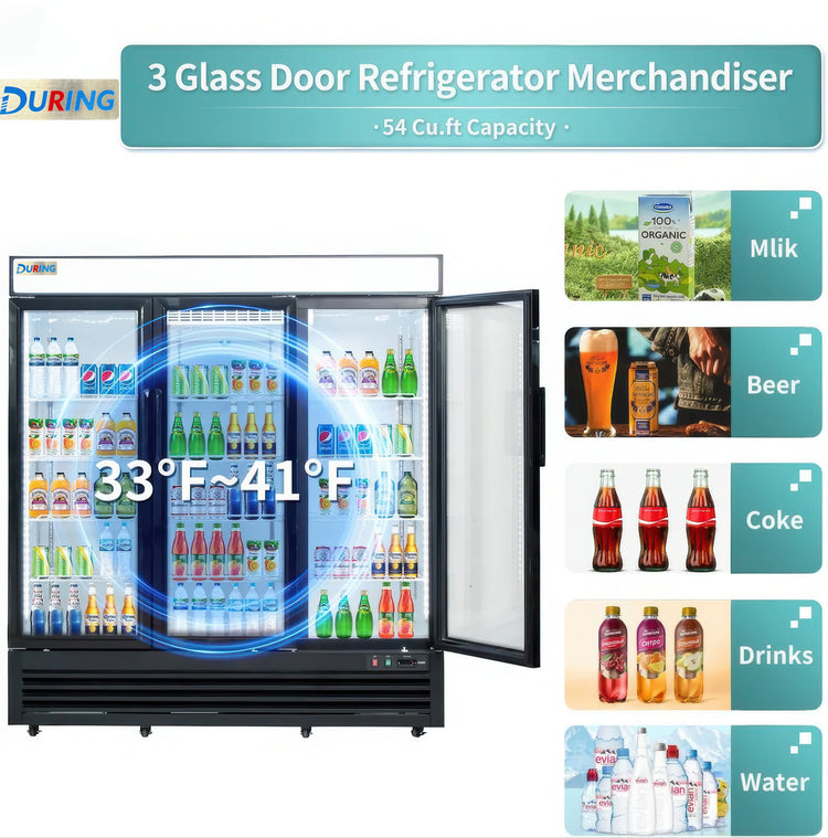 3 glass door refrigerator merchandiser with product categories displayed