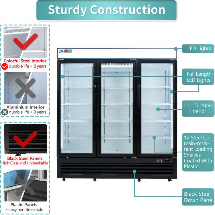 Fridge with features highlighted, including color steel interior, LED lights, and black steel panels.