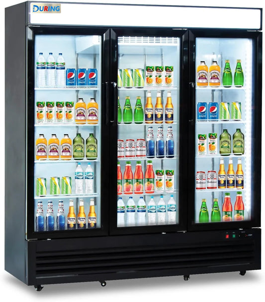 Three-door commercial refrigerator filled with various bottles of drinks.