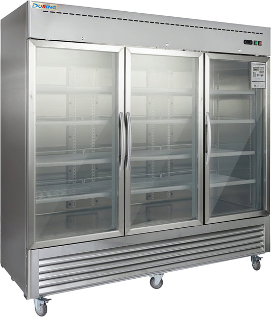 Commercial refrigerator with glass doors on a white background