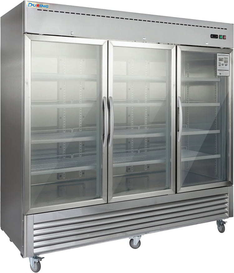 Commercial refrigerator with glass doors on a white background