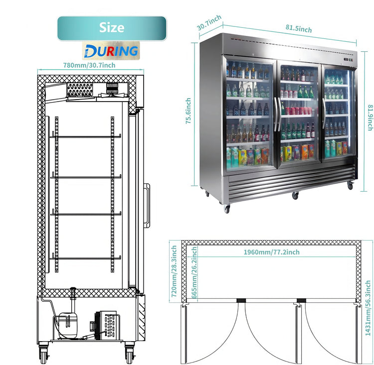Stainless steel refrigerator with dimensions and features displayed