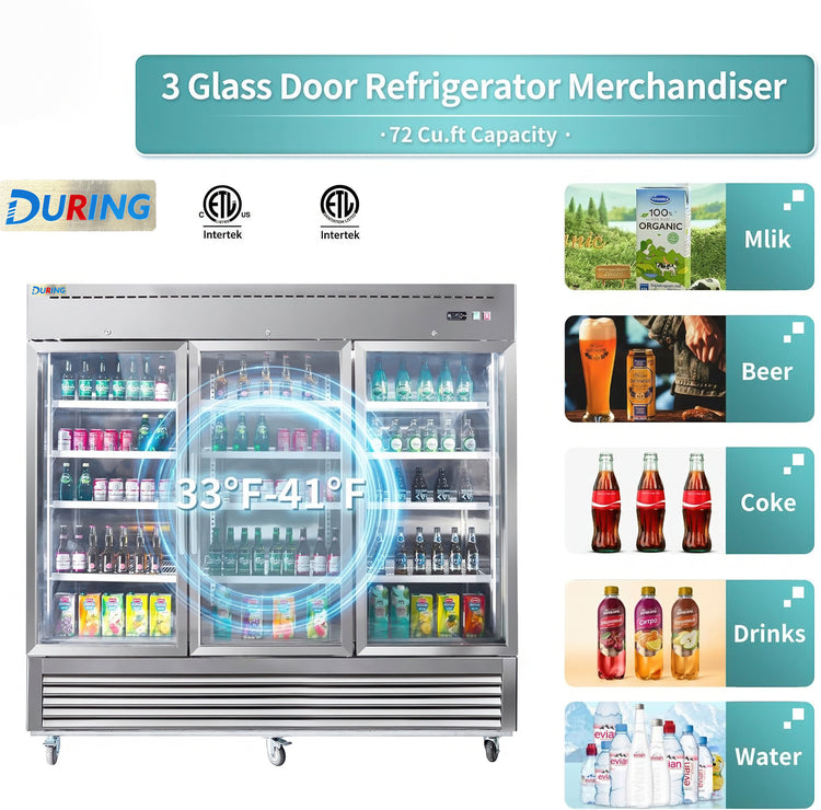 Three glass door refrigerator merchandiser with product images and branding on a white background