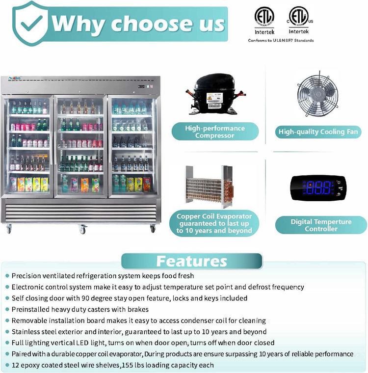 Refrigerator display with features and benefits highlighted, including a high-performance compressor, copper coil evaporator, digital temperature controller, and more.