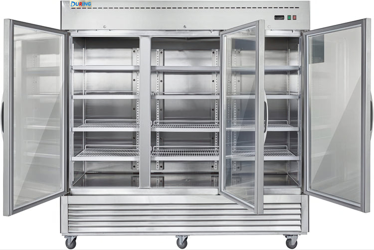 Large industrial freezer with open doors on a white background