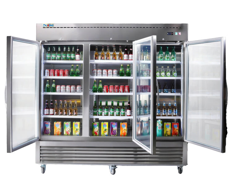 Large commercial refrigerator with open doors displaying various drinks.