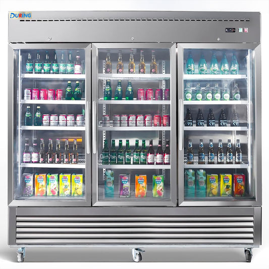 Commercial refrigerator with drinks on shelves, brand 'DURIGA' visible