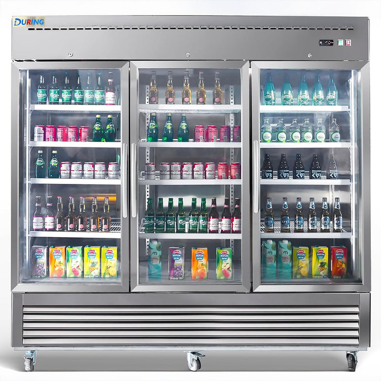 Commercial refrigerator with drinks on shelves, brand 'DURIGA' visible