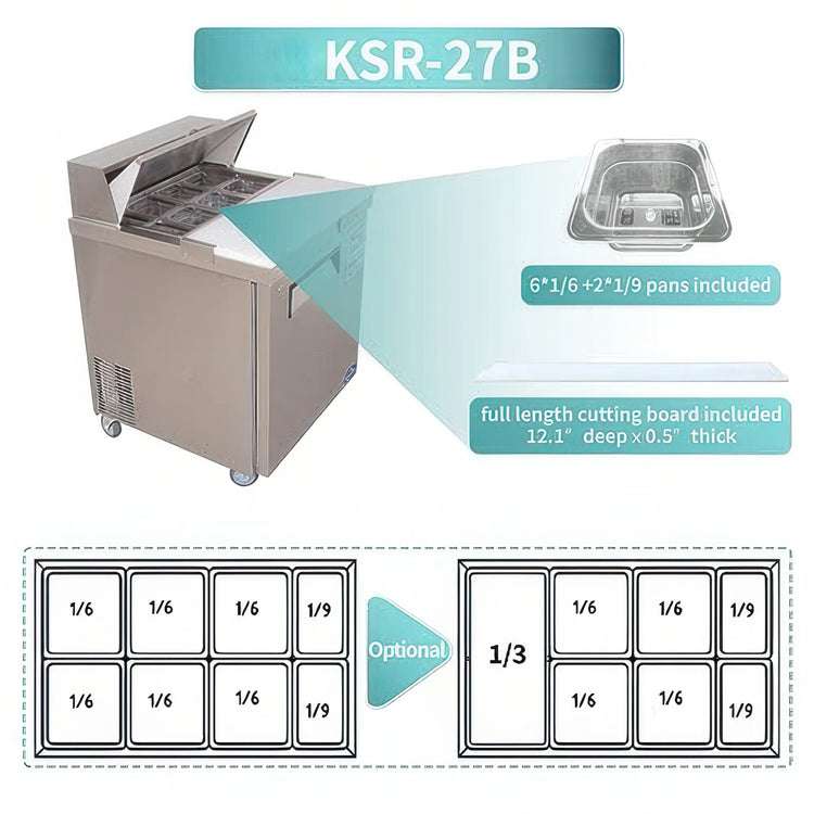 Commercial kitchen equipment with KSR-27B label, including a cutting board and pan dimensions.