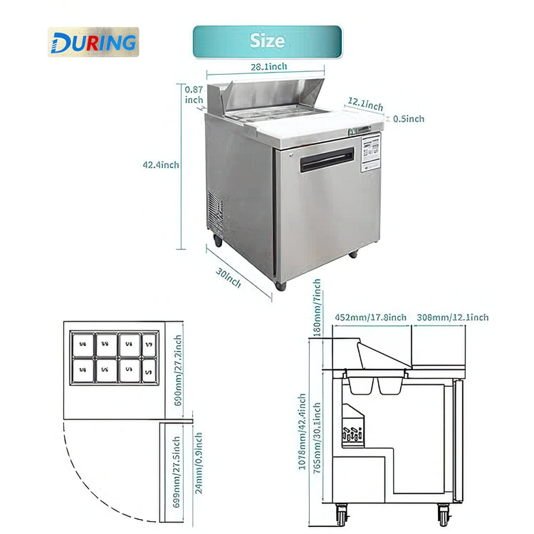 Stainless steel undercounter refrigerator with dimensions labeled, featuring the DURING brand.