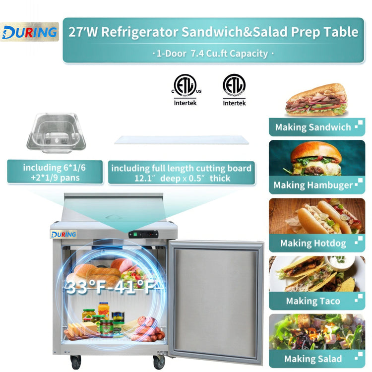 27-inch wide refrigerator sandwich and salad prep table with features and uses displayed.