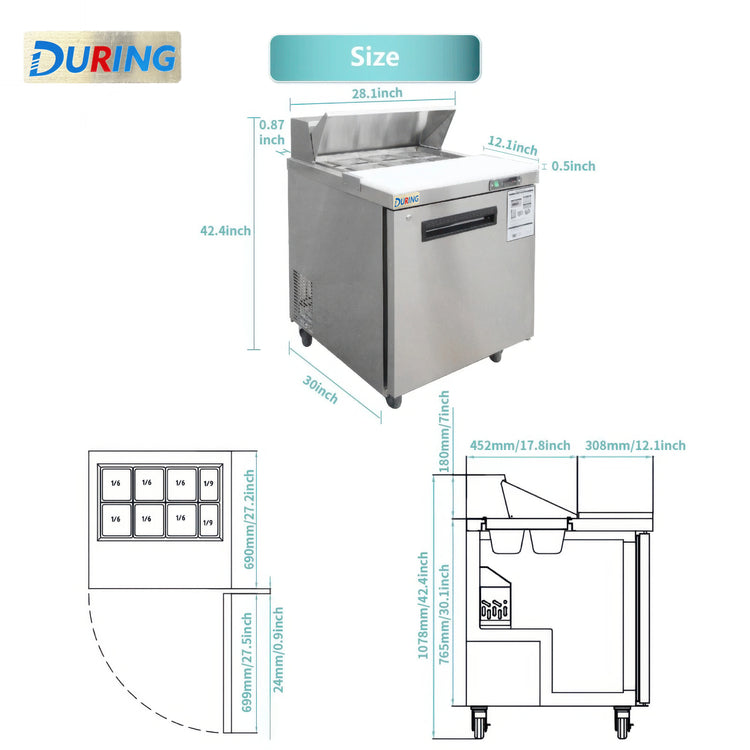 Stainless steel undercounter refrigerator with dimensions and DURING brand logo.