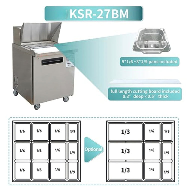Stainless steel kitchen prep table with features highlighted, including 'KSR-27BM' model name.