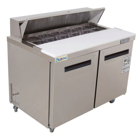 Stainless steel refrigerated counter with open lid on a white background