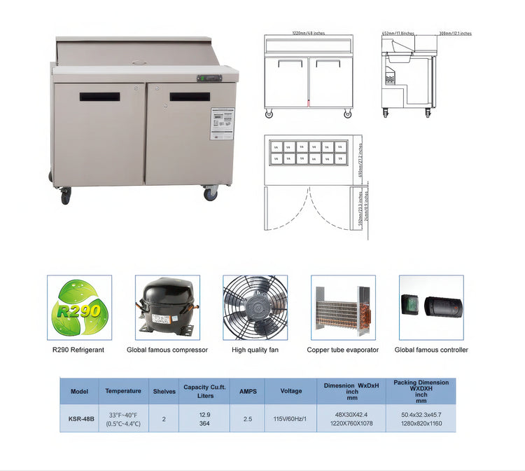 Commercial refrigerator with technical drawings and specifications on a white background