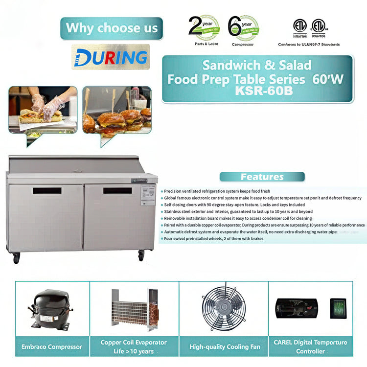 Sandwich & Salad Food Prep Table Series KSR-60B with features listed on a white background