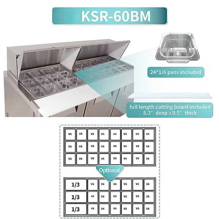 Stainless steel kitchen equipment with cutting board and pan details, labeled KSR-60BM.