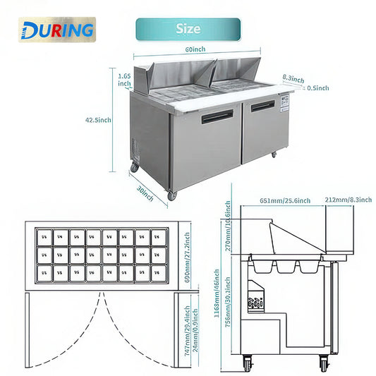Stainless steel refrigerator with dimensions and features diagram on a white background