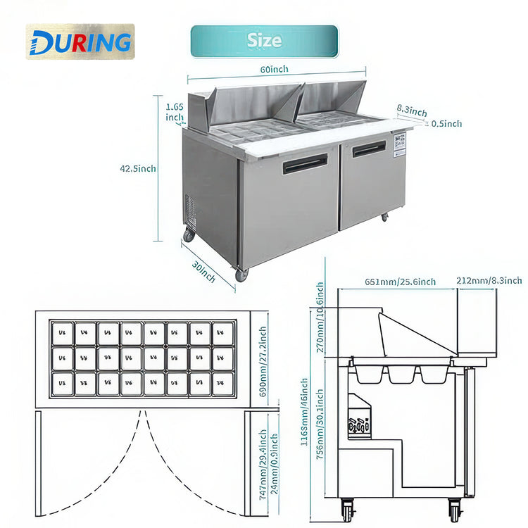 Stainless steel refrigerator with dimensions and features diagram on a white background