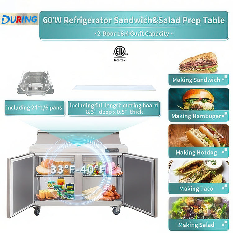 Refrigerator sandwich and salad prep table with features and uses displayed.