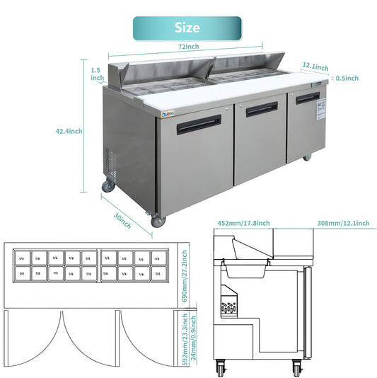 Stainless steel refrigerator with dimensions and features diagram on a white background