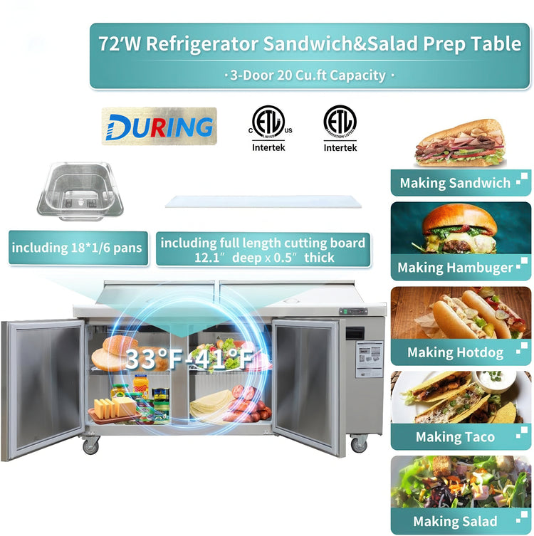 72-inch wide refrigerator sandwich and salad prep table with various features and uses displayed.