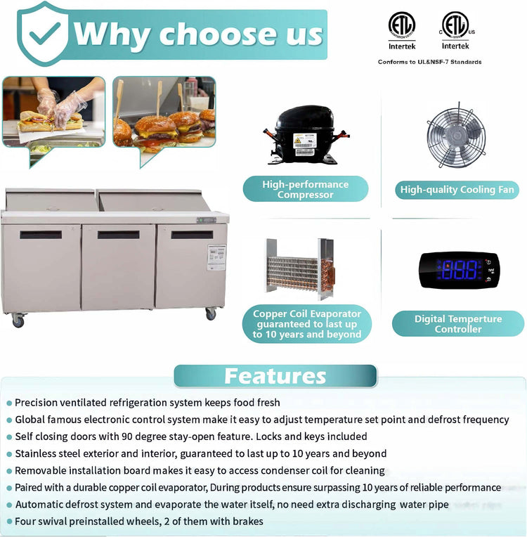 Refrigeration system with features listed on a white background
