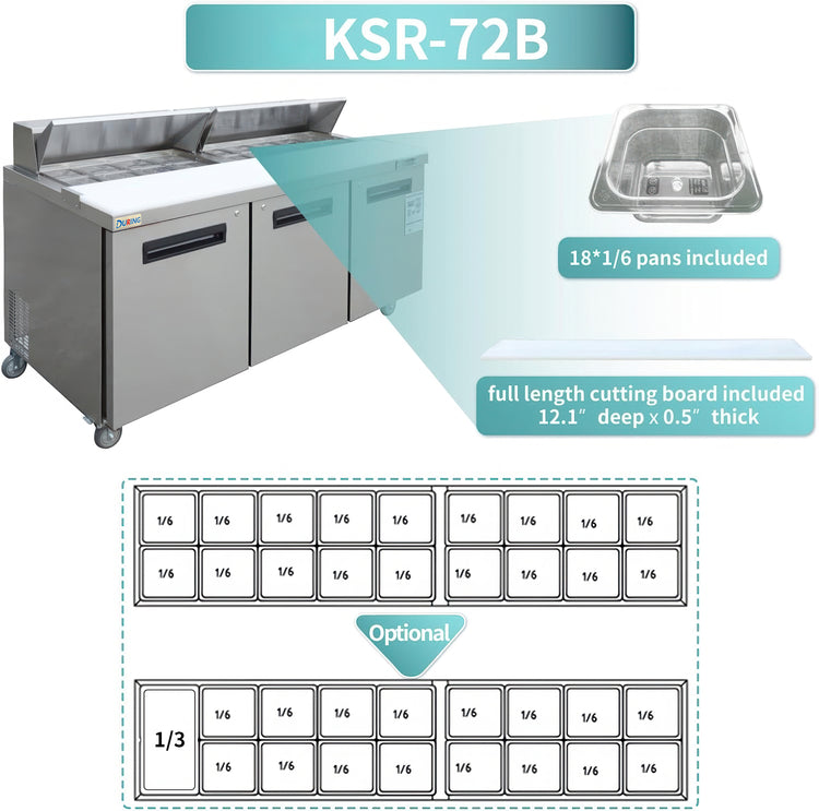 Stainless steel kitchen counter with cutting board and pan dimensions, labeled KSR-72B.