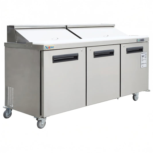 Stainless steel refrigeration unit with three doors on a white background